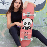 Monogram Cute Sitting Panda Personalized Salmon Skateboard<br><div class="desc">A cute panda bear sitting on the floor on a salmon background. Personalize with your monogram and name or delete text in text boxes for no name.</div>