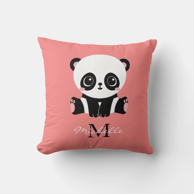 Monogram Cute Sitting Panda Personalized Salmon Throw Pillow (Front)