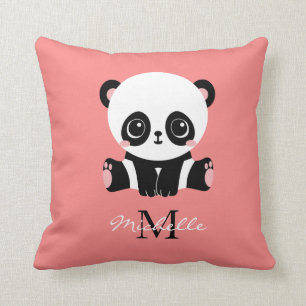 Monogram Cute Sitting Panda Personalized Salmon Throw Pillow