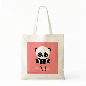 Monogram Cute Sitting Panda Personalized Salmon Tote Bag