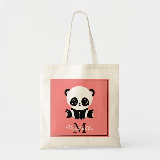 Monogram Cute Sitting Panda Personalized Salmon Tote Bag (Front)