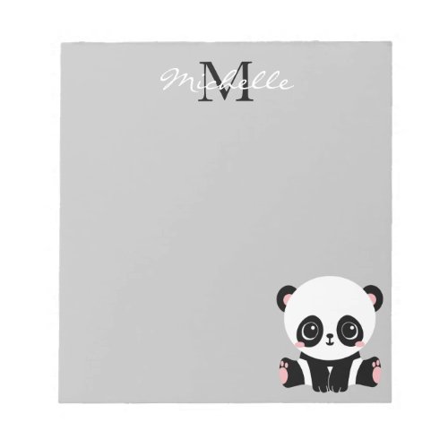Monogram Cute Sitting Panda Personalized Silver Notepad