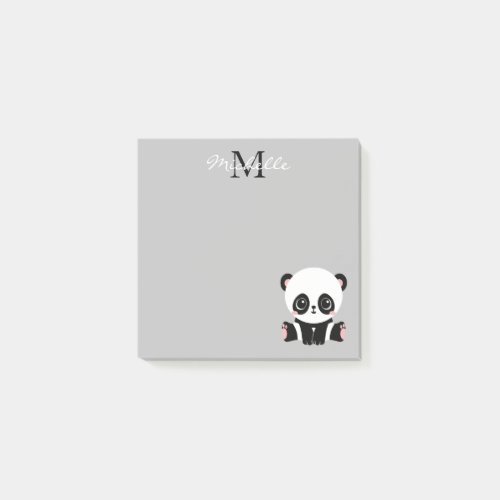 Monogram Cute Sitting Panda Personalized Silver Post_it Notes