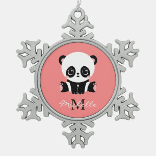 Monogram Cute Sitting Panda Personalized Snowflake Pewter Christmas Ornament