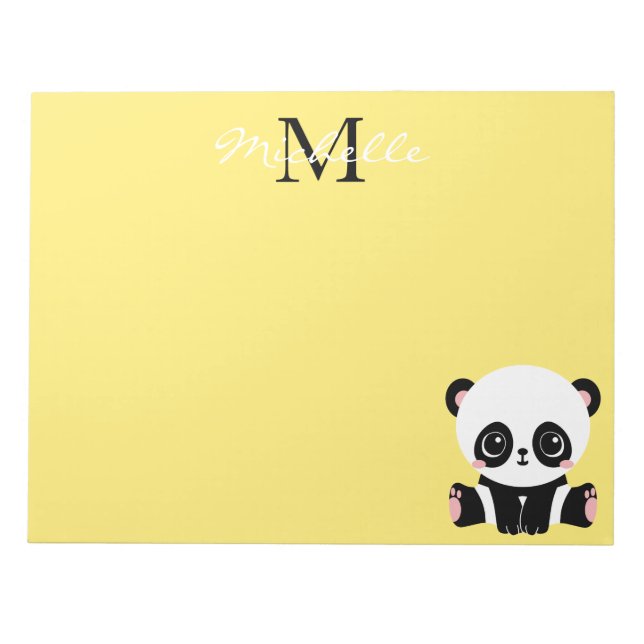 Monogram Cute Sitting Panda Personalized Yellow Notepad (Front)