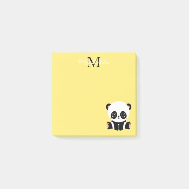 Monogram Cute Sitting Panda Personalized Yellow Post-it Notes (Front)
