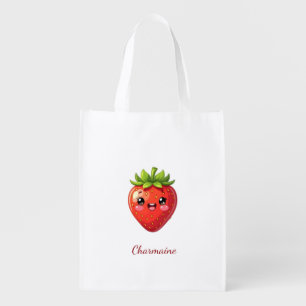 Monogram cute strawberry kawaii grocery bag
