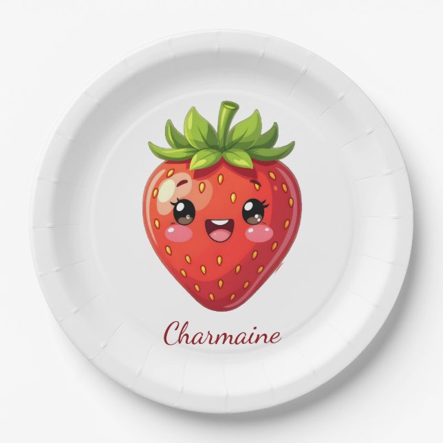 Monogram cute strawberry kawaii paper plates (Front)
