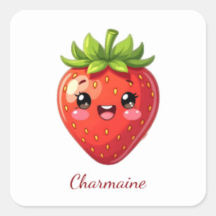 Monogram cute strawberry kawaii square sticker