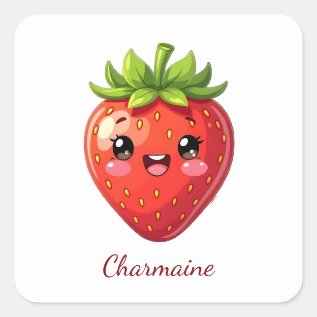 Monogram cute strawberry kawaii square sticker (Front)