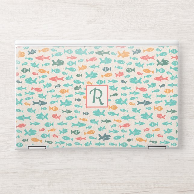 Monogram Cute Swimming Fish Nautical Beach Pattern HP Laptop Skin (Front)