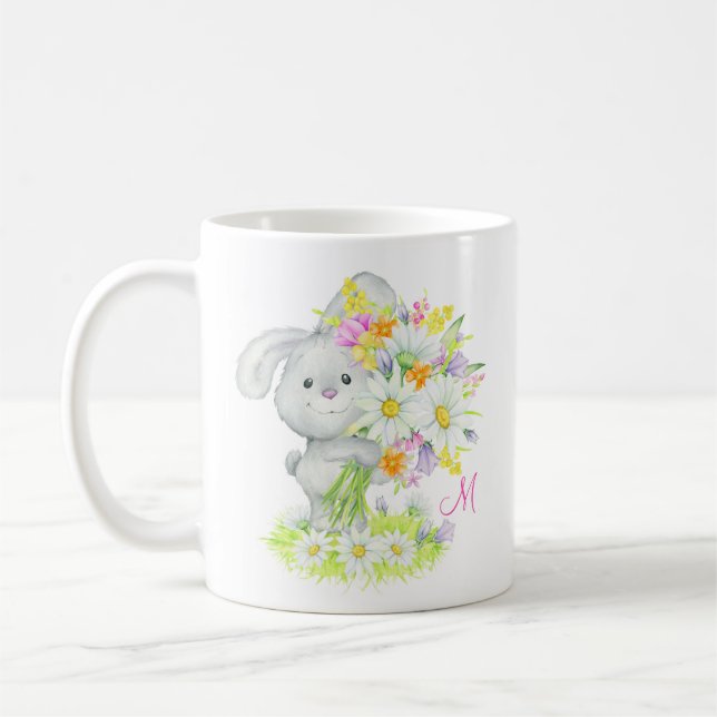 Monogram Cute Watercolor Floral Bunny Rabbit Coffee Mug (Left)