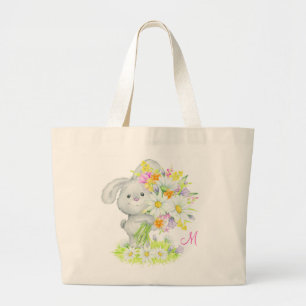 Monogram Cute Watercolor Floral Bunny Rabbit Large Tote Bag