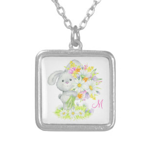 Monogram Cute Watercolor Floral Bunny Rabbit Silver Plated Necklace