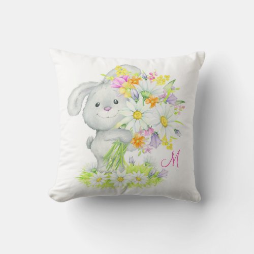 Monogram Cute Watercolor Floral Bunny Rabbit Throw Pillow
