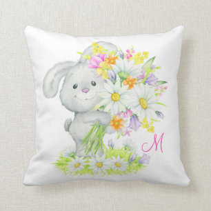 Monogram Cute Watercolor Floral Bunny Rabbit Throw Pillow