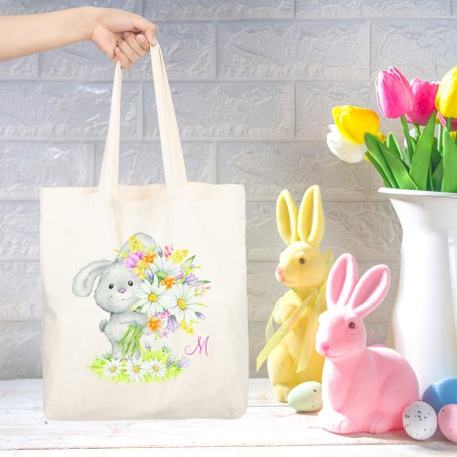 Monogram Cute Watercolor Floral Bunny Rabbit Tote Bag