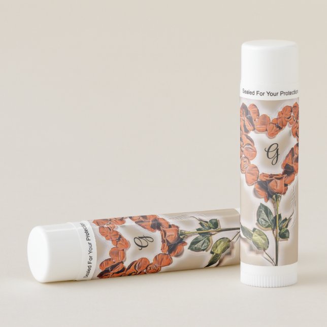 Monogram Cute Whimsical Orange Rose flower Heart   Lip Balm (Front)
