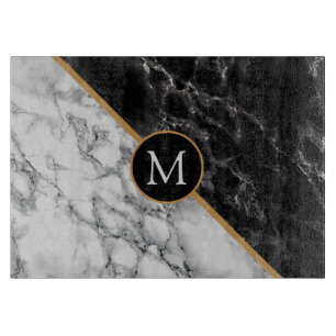 Monogram Cutting Board Black White Marble Stone