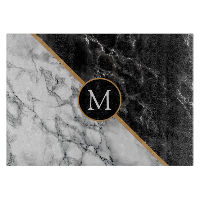 Monogram Cutting Board Black White Marble Stone (Front)