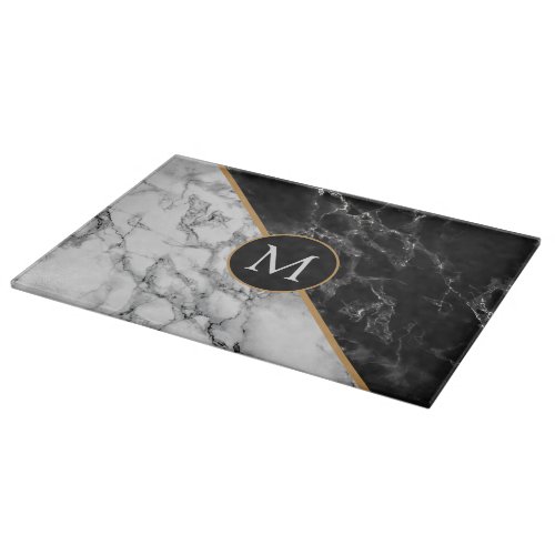 Monogram Cutting Board Black White Marble Stone