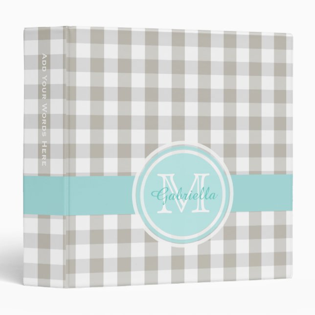 Monogram: Cyan And Gingham 3 Ring Binder (Front/Spine)