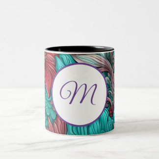 Monogram, Cyan Blue Red Flowers  Two-Tone Coffee Mug