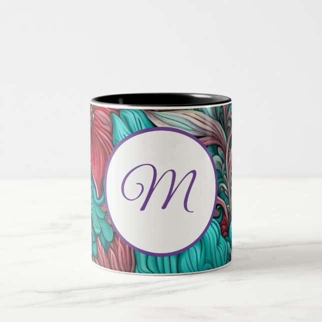 Monogram, Cyan Blue Red Flowers  Two-Tone Coffee Mug (Center)