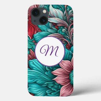 Monogram, Cyan Blue, Red, whimsical  flowers 