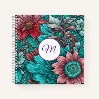 Monogram, Cyan Blue, Red, whimsical  flowers 