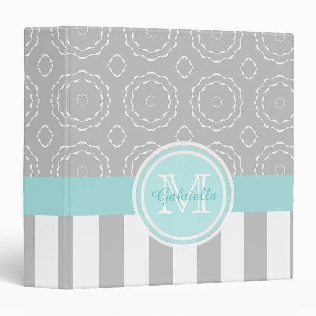 Monogram: Cyan, Gray & White Motif/Striped Binder (Front/Spine)