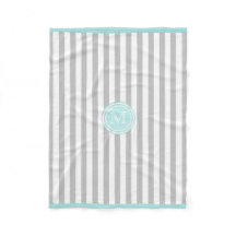 Monogram Cyan Gray & White Striped Fleece Blanket