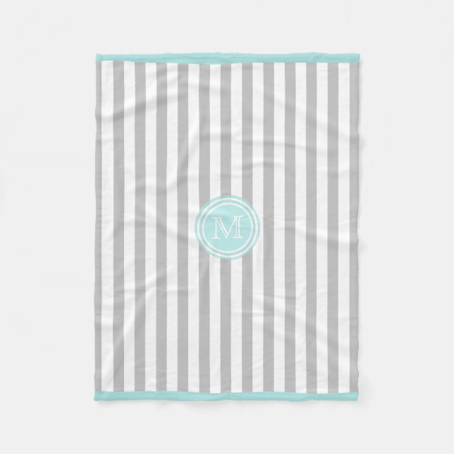 Monogram Cyan Gray & White Striped Fleece Blanket (Front)