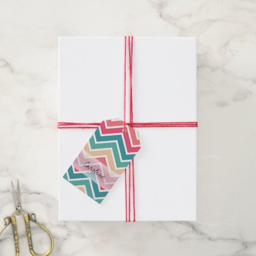 Monogram Cyan Peach Reds Geometric Chevron Pattern Gift Tags