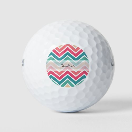 Monogram Cyan Peach Reds Geometric Chevron Pattern Golf Balls