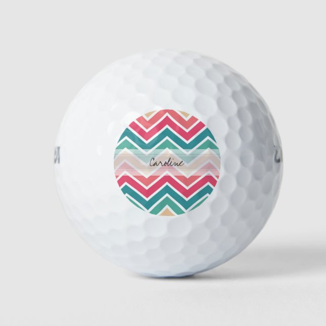 Monogram Cyan Peach Reds Geometric Chevron Pattern Golf Balls (Front)