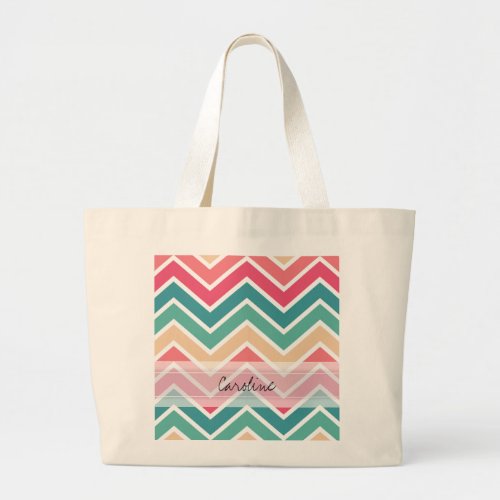 Monogram Cyan Peach Reds Geometric Chevron Pattern Large Tote Bag