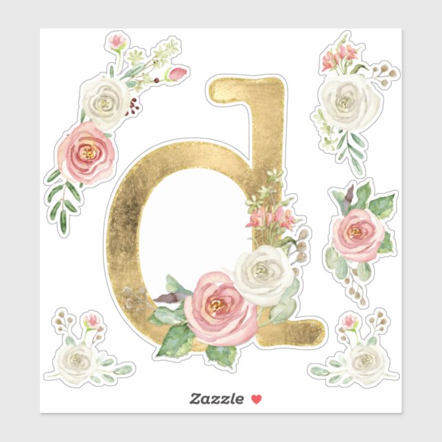 Monogram D Blush Pink Rose Floral Leaf Watercolor Sticker (Sheet)