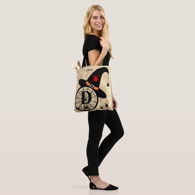 Monogram D Halloween Sky Witch Spiders Name Tote Bag (On Model)