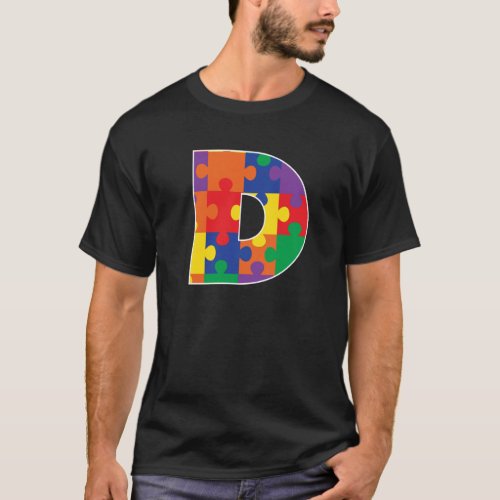 Monogram D in Multi Color Puzzle Pieces T_Shirt