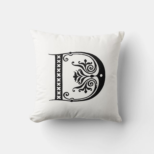 Monogram D Initial Black and White Floral Pattern Throw Pillow (Front)