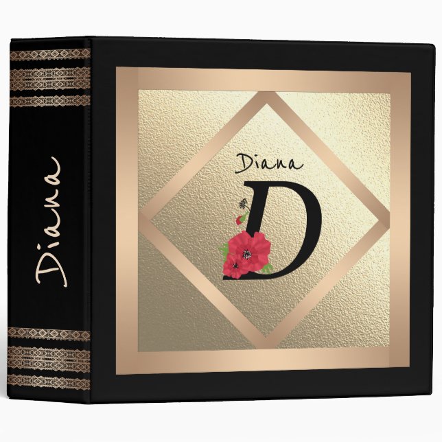 Monogram D, letter D, flowers, monogram 3 Ring Binder (Front/Spine)