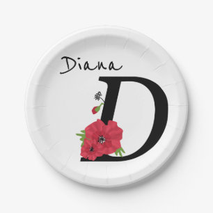 Monogram D, letter D, flowers, monogram Paper Plates