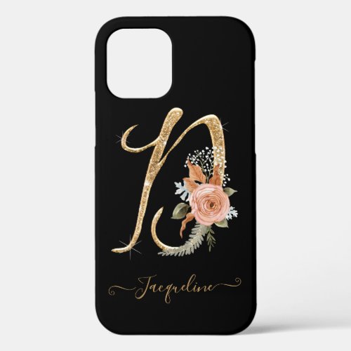 Monogram D Letter Pink Floral Gold Script Black iPhone 12 Case