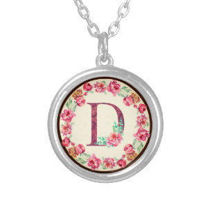 Monogram D Letter with Peony Flower Charm Silver Plated Necklace
