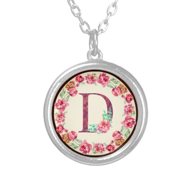 Monogram D Letter with Peony Flower Charm Silver Plated Necklace (Front)