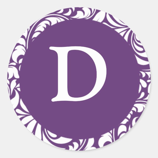 Monogram D Purple Damask Invitation Seals Stickers (Front)