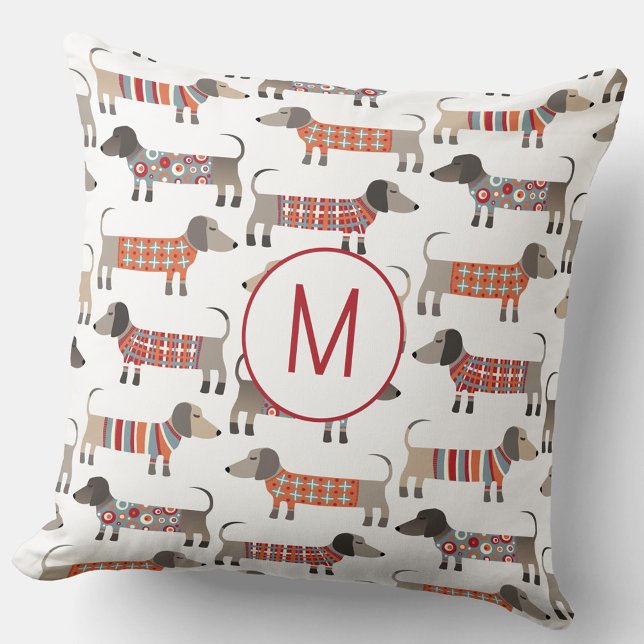 Monogram Dachshund Wiener Dog Throw Pillow (Monogram initial personalized Dachshund Wiener Sausage Dog throw pillow)