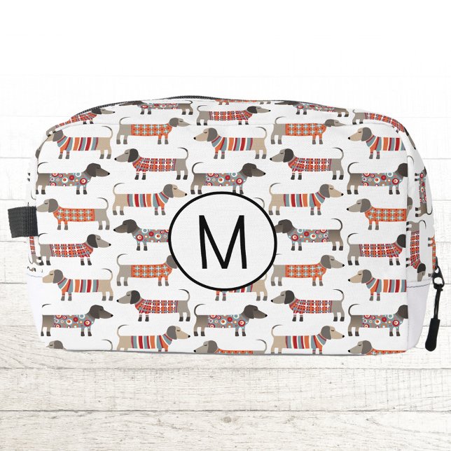 Monogram Dachshund Wiener Sausage Dog Personalized Dopp Kit (Fun monogram initial personalized Dachshund Wiener Dog pattern toiletries bag)