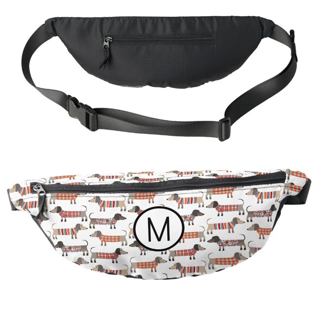 Monogram Dachshund Wiener Sausage Dog Personalized Fanny Pack (Fun Dachshund Wiener Sausage Dog pattern personalized monogram initial fanny pack)
